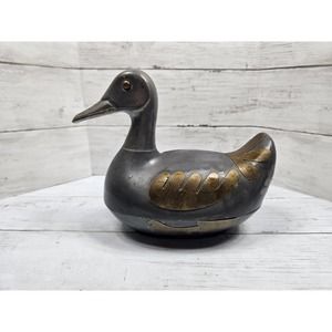 Vintage Pewter & Brass Duck Trinket/ Candy Dish Lidded Decoration HEAVY metal